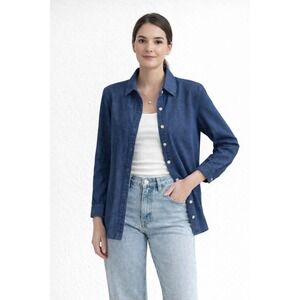 Dark Blue Womens Denim Button Down Shirt L Long Sleeve Normcore Coastal Layering